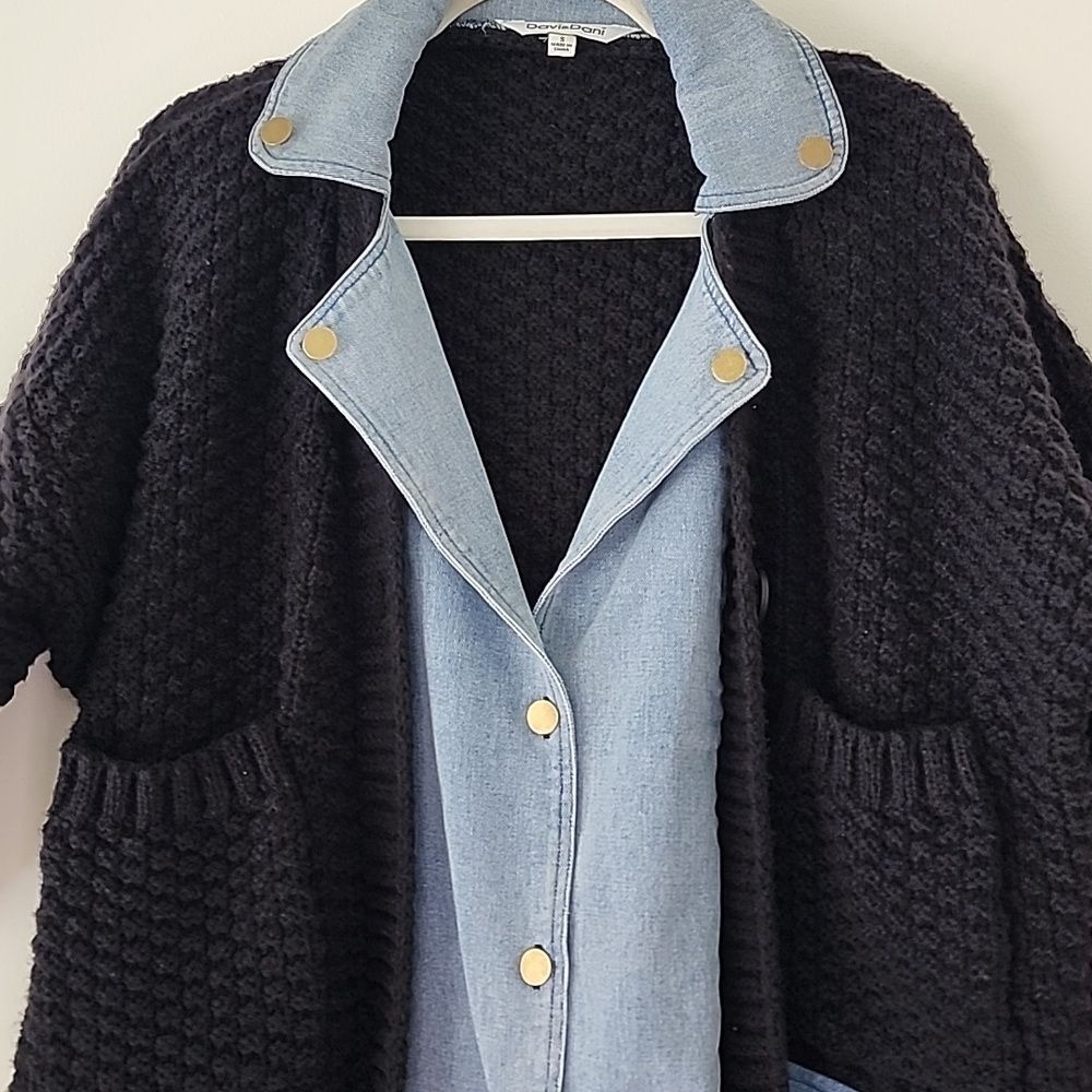 Davi & Dani Denim Collar Black Chuncky Knit  Button Front Cardigan Oversized S - Picture 7 of 14